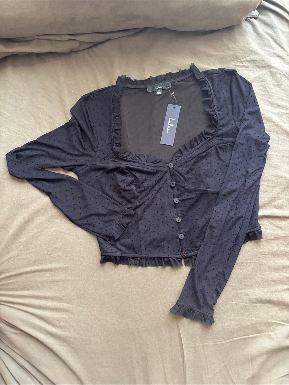 NWT Lulus Black Swiss Dot Ruffle Button-Front Top